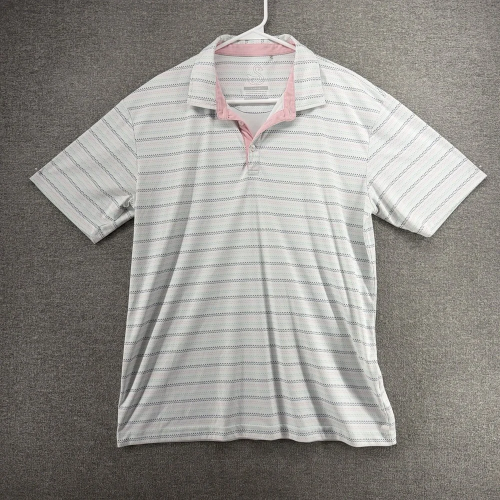 Swannies Performance Golf Polo Shirt Men Size Large Striped White Short Sleeve